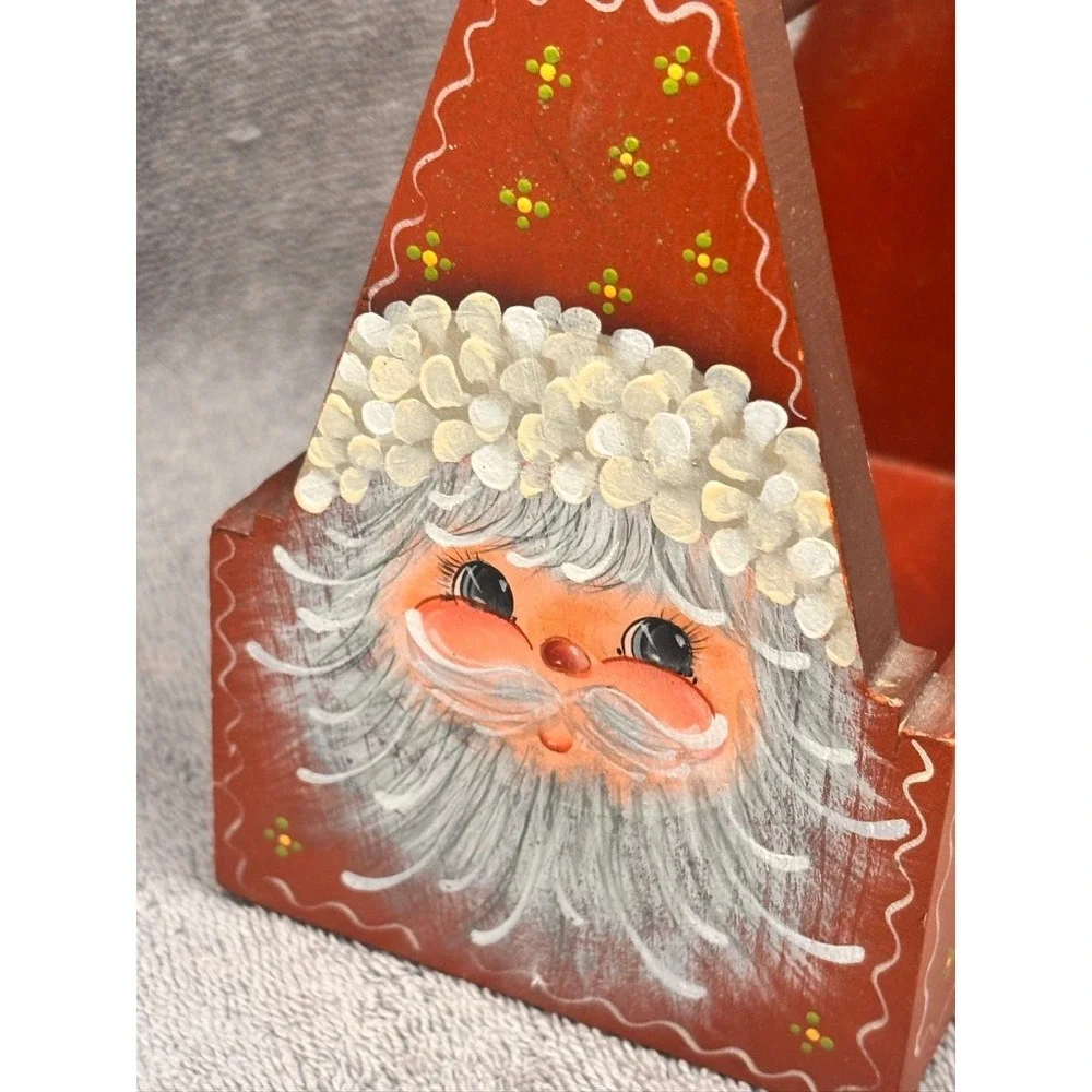 Vintage Hand Painted Wooden Santa Caddy Folk Art Christmas Decor 7 Inch
